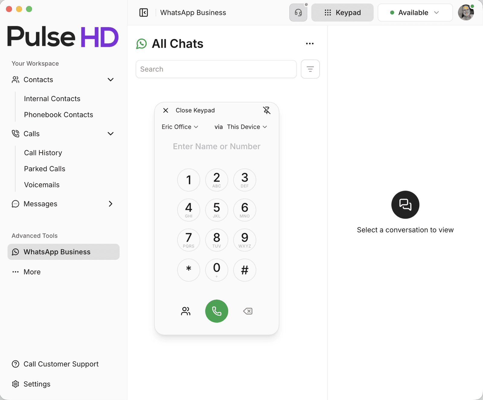 WhatsApp Business chats inside the VoCALLOne desktop app