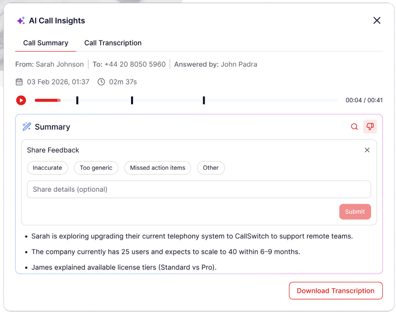 AI call summary shown in the call history