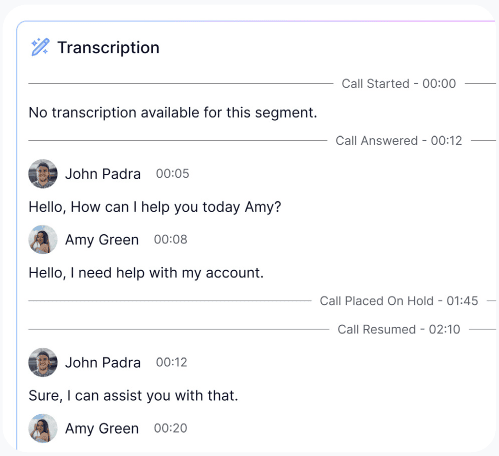 Time-stamped call transcript with speaker channels
